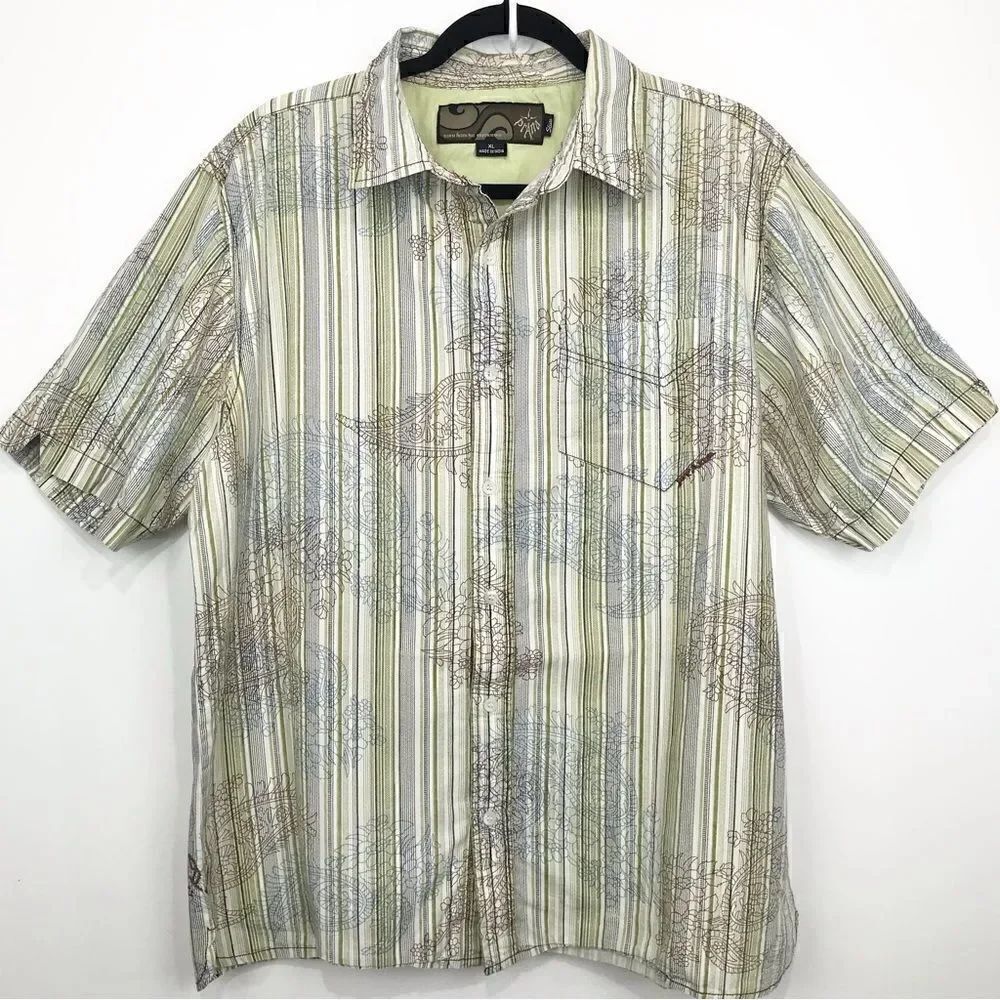 Prana Slim Fit Button Down Short Sleeve Paisley Stripe Print Shirt